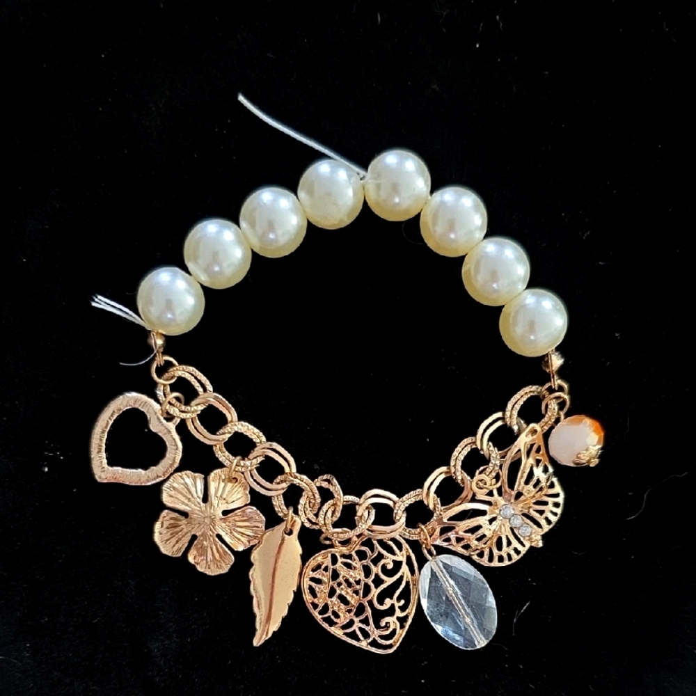 Handmade Elegant Gold and Pearl Charm Bracelet Stretchy One Size